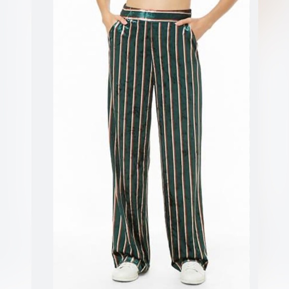 Women’s Forever‎ 21 Contemporary, green striped wide leg velvet dress pants. - Picture 1 of 14